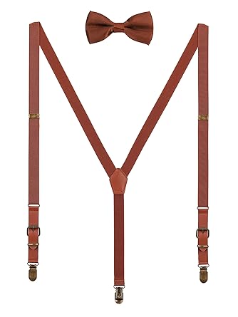 WANYING Herren 2cm Hosenträger Fliege Sets - PU Leder 3 Retro Messingartige Clips Y Form Hosenträger Elastisch Verstellbar fü