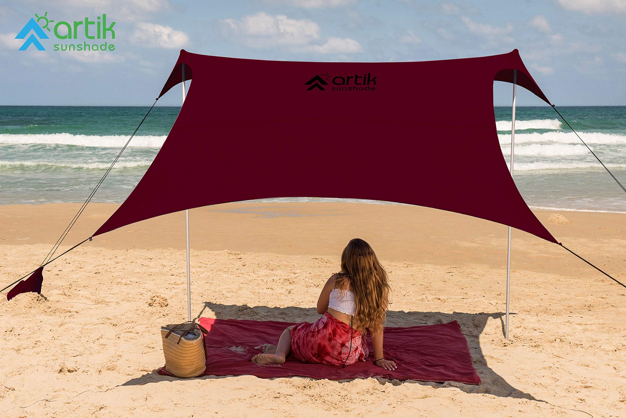 Artik Family Beach Tent Canopy Sunshade with Sandbag Anchors - Simple & Versatile. SPF50, Lycra Sun shelter for The Beach,Camping and Outdoors