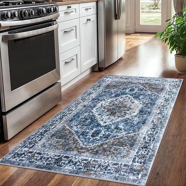 KOZYFLY BOHO AREA RUG 3X5 FT RUGS FOR ENTRYWAY WASHABLE ENTRY RUG NON SLIP DOOR MAT INDOOR ENTRANCE BLUE PRINTED FAUX WOOL VINTAGE KITCHEN RUG THROW RUGS FOR ENTRANCE KITCHEN LIVING ROOM