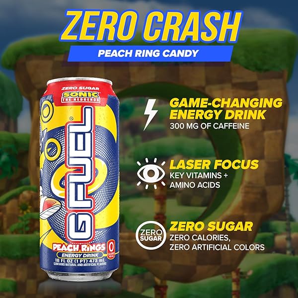 G FUEL ENERGY DRINK, PEACH RING CANDY, SUGAR FREE BEVERAGE WITH 300MG CAFFEINE, DAILY ENERGY BOOST WITH FOCUS AMINO, VITAMIN + ANTIOXIDANTS, 16 OZ CANS (SONIC, 12-PACK)