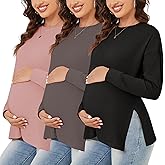 Tjukufpa Womens 3 Packs Maternity Shirts Long Sleeve Side Slit Pregnancy Tee Top Tunic Blouse Mama Clothes