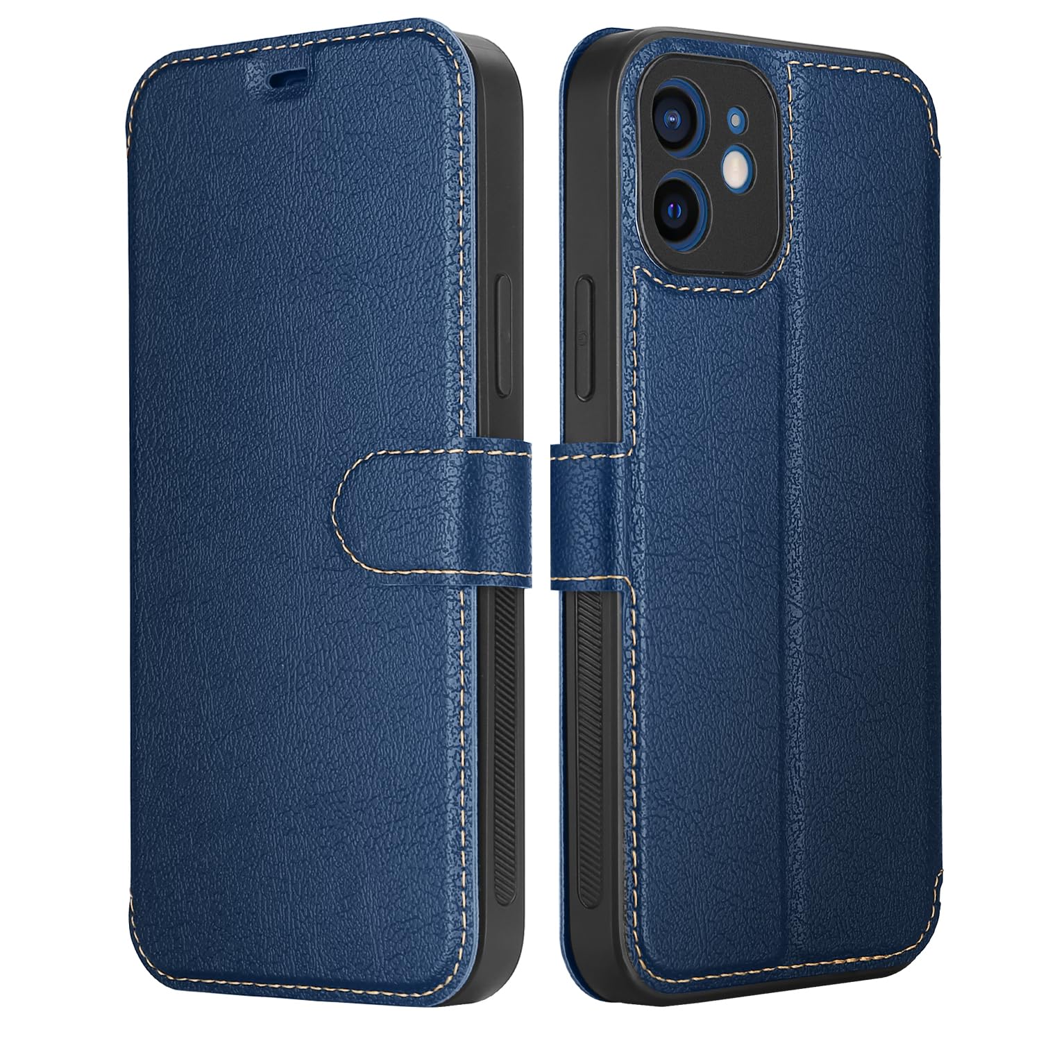 ELESNOW Phone Case for iPhone 12, Flip Wallet PU Leather Card Holder with RFID Blocking Magnetic Closure Stand Cover for Apple iPhone 12 (Blue)