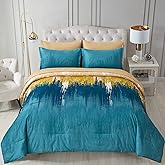 WONGS BEDDING Teal Comforter Set King,7 Pieces Bed in a Bag Abstract Art Gradient Comforter Soft Microfiber Bedding Set -1 Comforter, 1 Flat Sheet, 1 Fitted Sheet, 2 Pillow Shams,2 Pillowcases