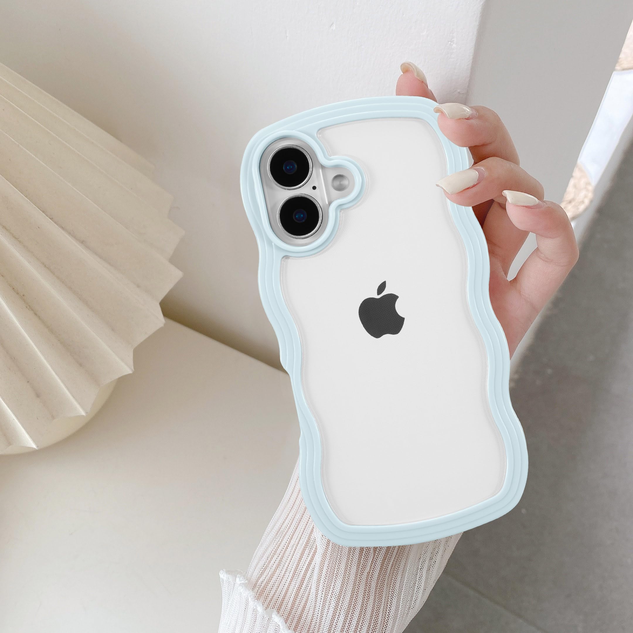 QLTYPRI Compatible with iPhone 16 Case, Cute Curly Wave Frame Clear Case for Girls Women, Transparent Soft Silicone TPU Bumper Shockproof Protective Cover for iPhone 16 - Light Blue