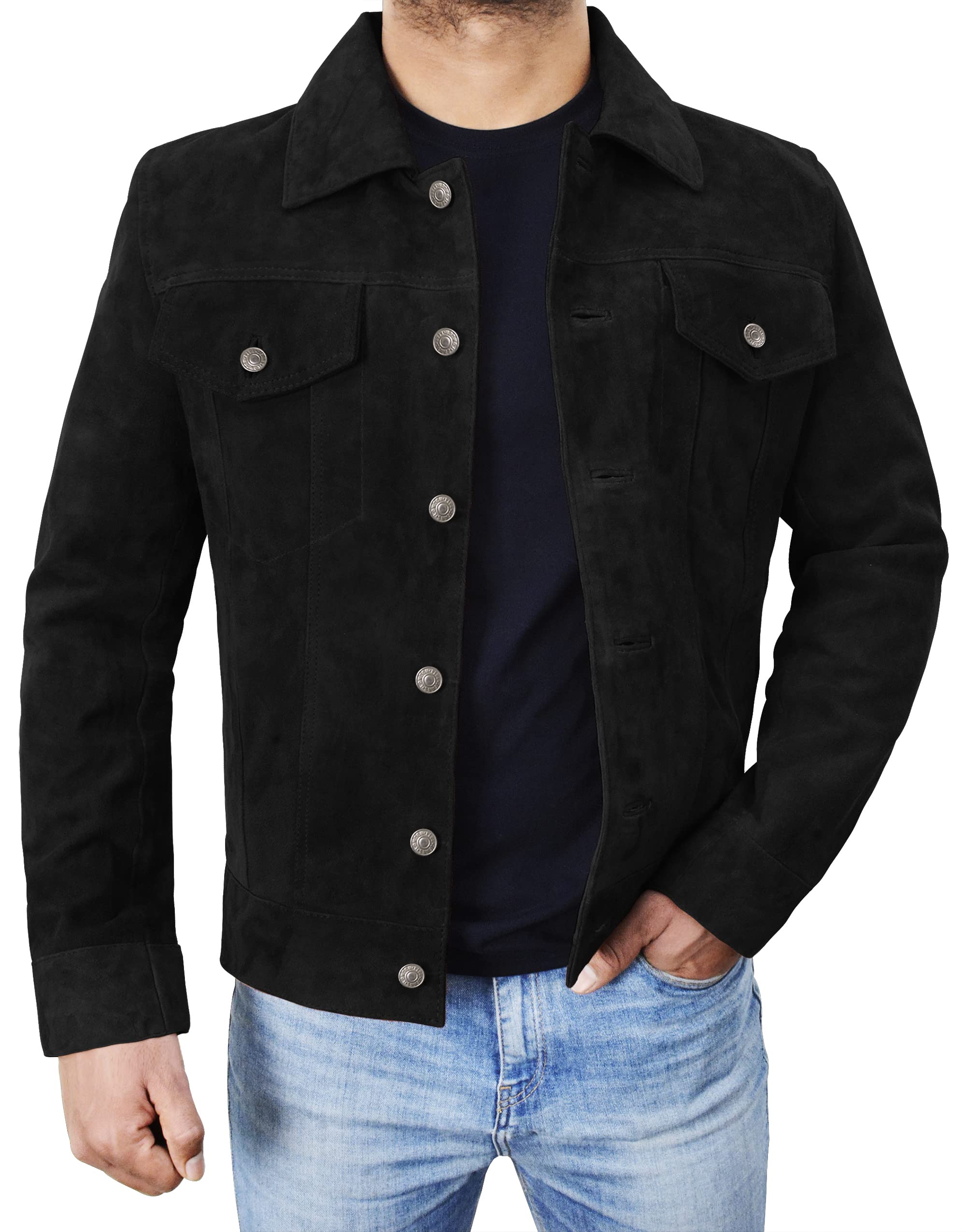 Photo 1 of ********HAS BEEN WORN******Mens Black Suede Jacket - Vintage Classic Western Trucker Coat Geniune Suede Leather Jacket (Trucker Black, XL) III-1001
