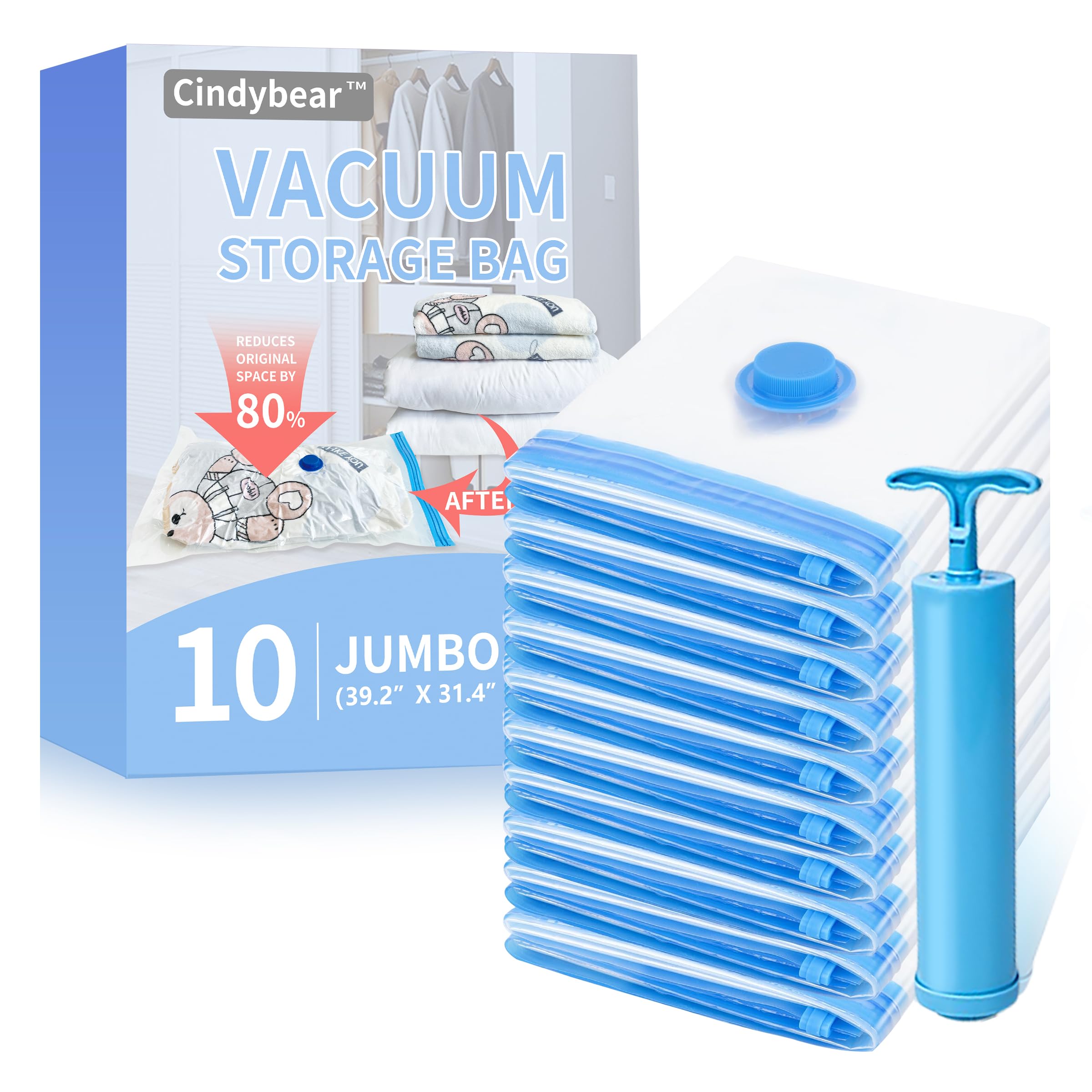 Photo 1 of 10 Pack Jumbo Vacuum Storage Bags with Hand Pump - 80% Space Saving Vacuum Seal Bags for Clothing, Pillows, Comforters, Blankets, Bedding & Travel