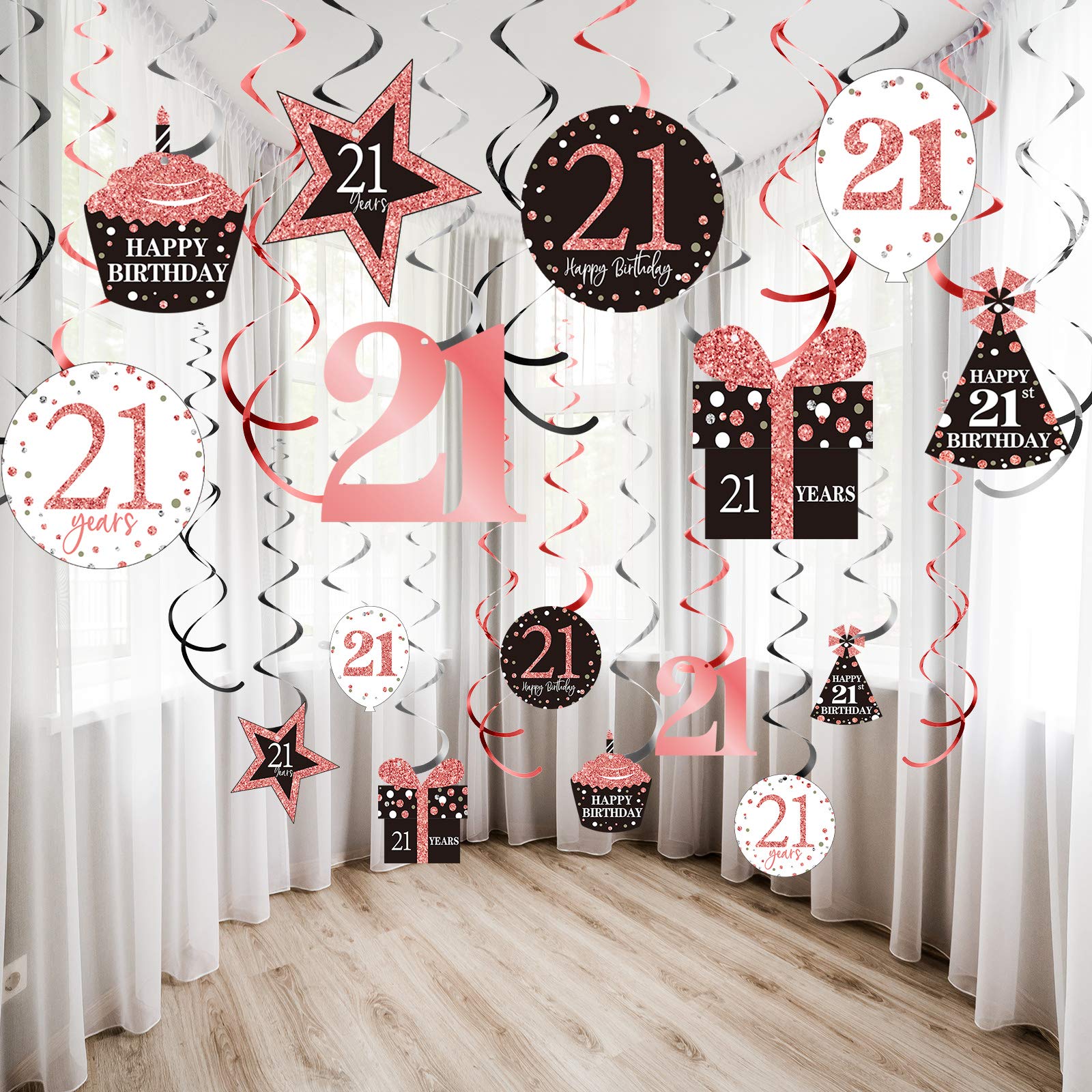 Rose Gold 21st Birthday Hanging Swirls Ceiling Decorations - Shiny Foil Swirls for Women's 21st Birthday - 30 Count