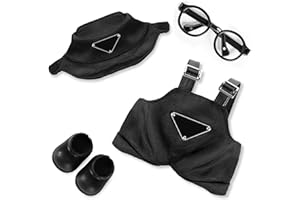 MOVOLIVI 6.7in/17cm Doll Clothes Set, 4 PCS Fashion Outfit Includes Hat, Bib Pants, Glasses, Shoes, Cute Collectible Doll Accessories Unique Style (Black)