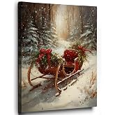 Ebroniah Christmas Sleigh Wall Art, Vintage Winter Snowy Forest Festive Canvas Wall Art Decor for Holiday Living Room, Rustic Farmhouse Prints Framed Artwork for Walls Bedroom Kitchen Home 12x15in