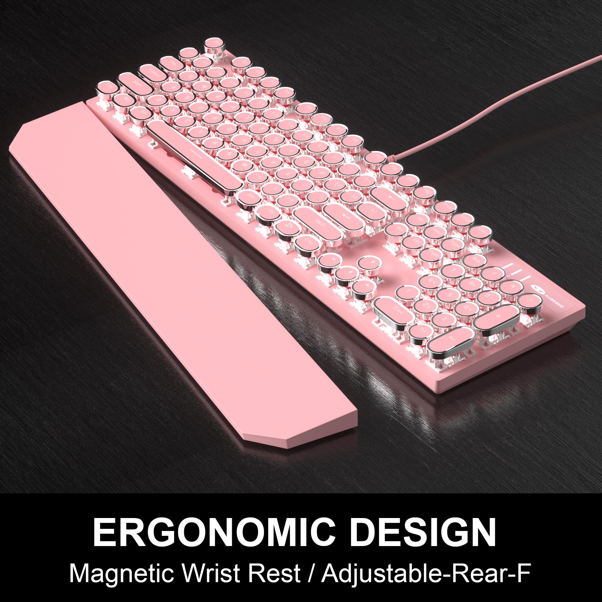 Retro Pink Typewriter-Style Keyboard and Mouse Combo, Cute Light Up Wired Mechanical Keyboard with Linear Red Switches, Full Size for Gaming, Work, Mac, PC, Windows