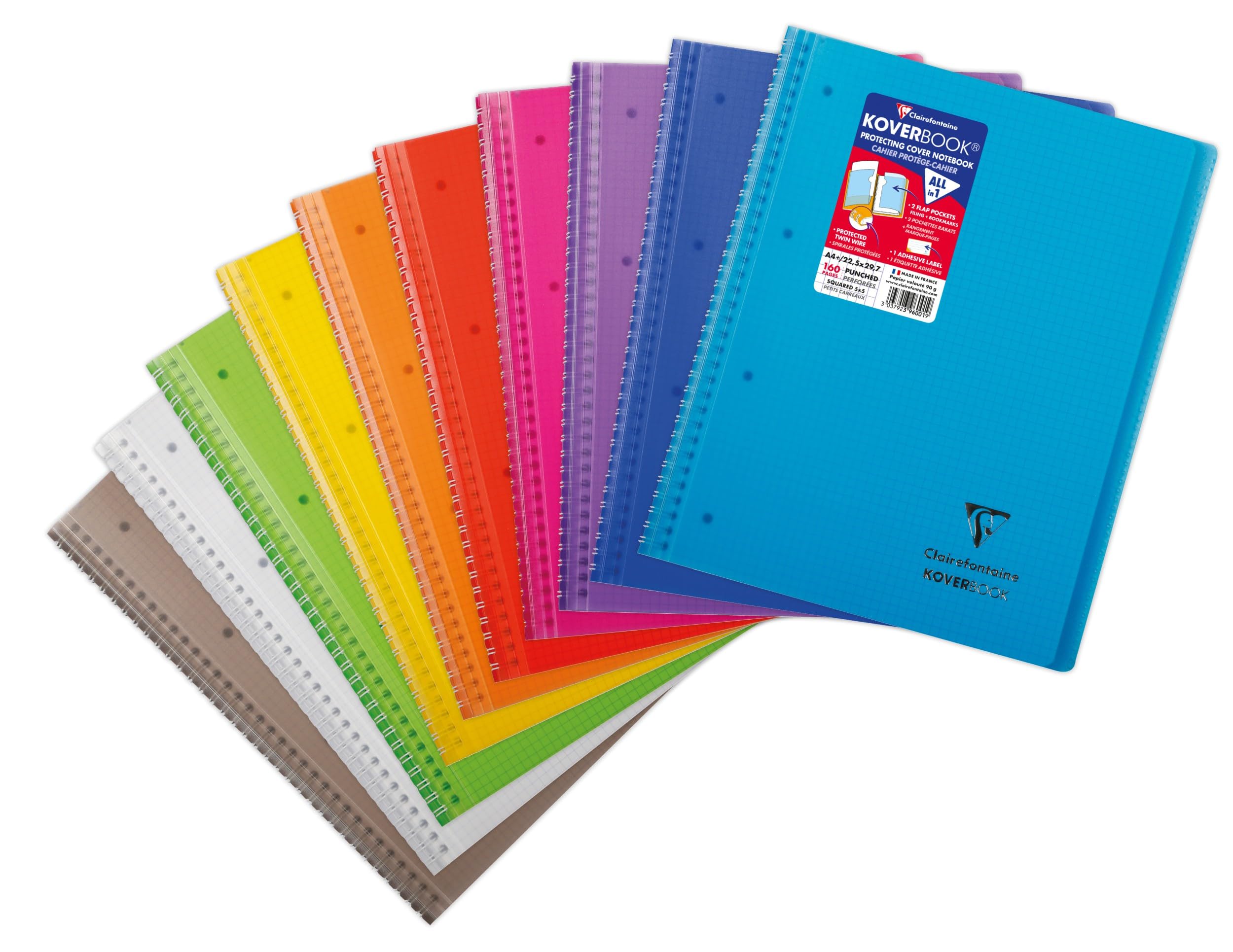 Clairefontaine 396001C A Spiral Notebook Koverbook - A4+ 22.5x29.7 cm - 160 Detachable Pages Small Squares - White Paper 90 g - Cover Polypro Random Colour