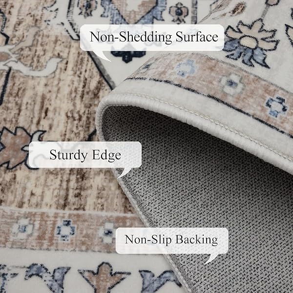 KENODITAN 9X12 AREA RUG LIVING ROOM RUGS, STAIN RESISTANT WASHABLE RUG, VINTAGE LARGE NON-SLIP BACKING, LOW PILE LIGHTWEIGHT PRINT RUG FOR BEDROOM DINNING ROOM HOME OFFICE (TAUPE/BLUE)