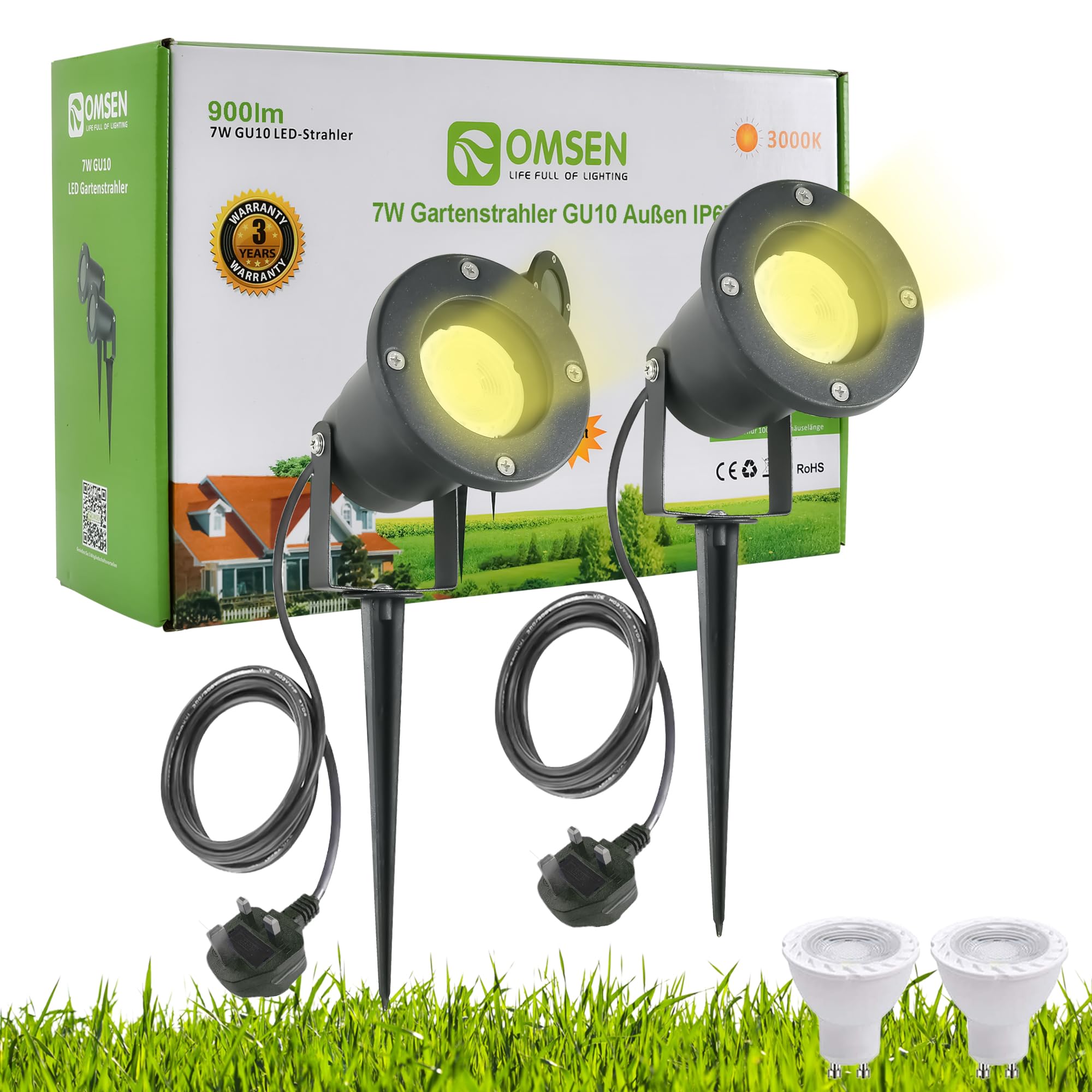 OMSEN Garden Spotlights Mains Powered GU10 7 W Warm White 3000K, Replaceable GU10 Bulbs, Aluminium, Waterproof IP67, Outdoor Spike Spotlight for Garden, Courtyard, Plants, Tree, Flower, Fence, Pathway