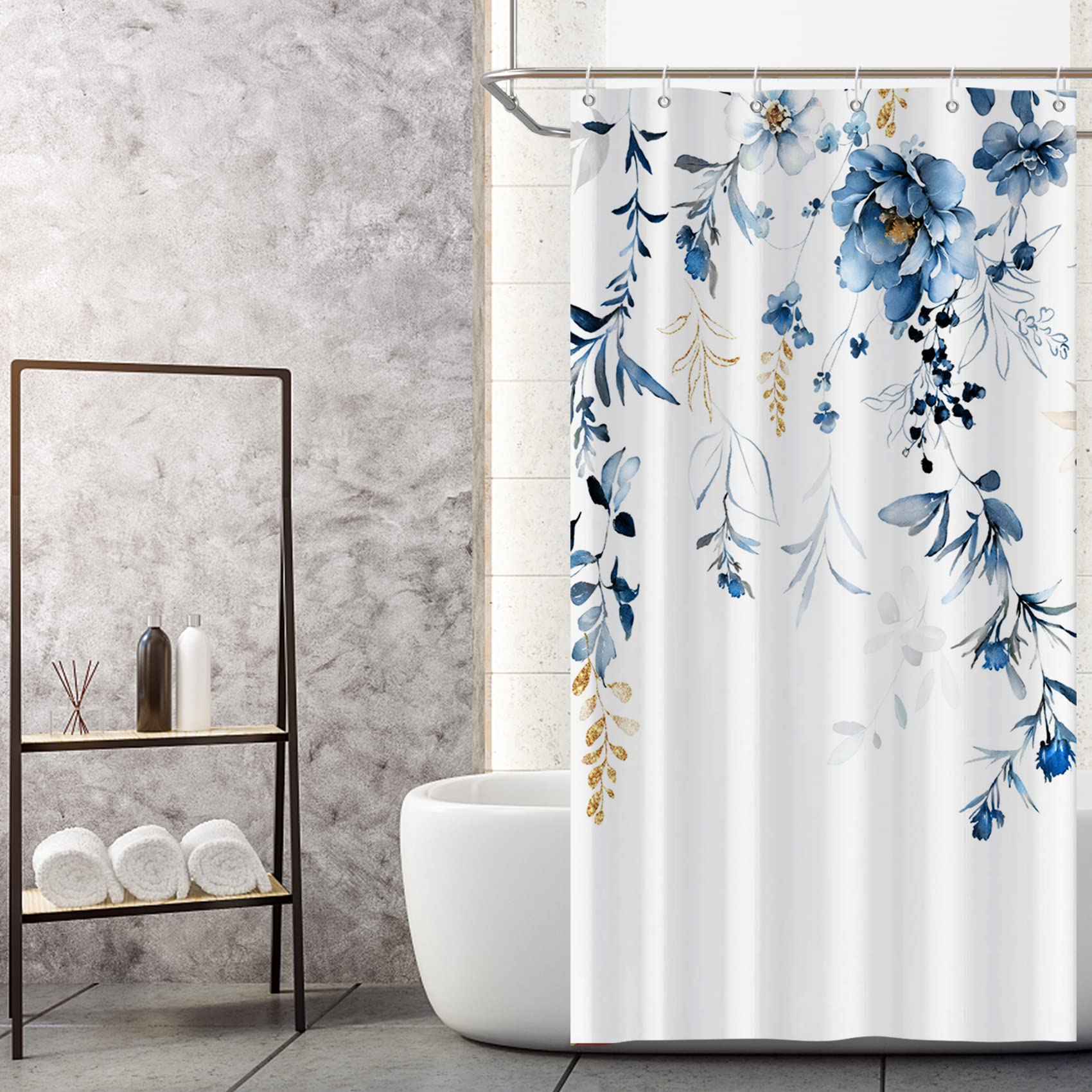 MIRRORANG Blue Leaf Stall Shower Curtain, Blue Flower Botanical Plants Bathroom Curtain Sets with Hooks for Bathroom Home Decor,Waterproof Polyester, 36 x 72 Inches — image 1