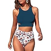 ZAFUL Women's Swimsuit High Waisted Bikini Sets Two Piece Swimsuit Scoop Neck Tank Side Cutout Midkini