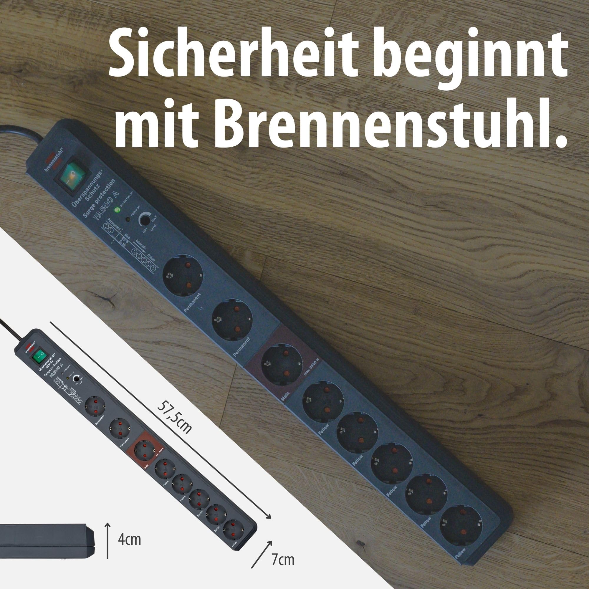 Brennenstuhl Secure-Tec Steckdosenleiste 8-Fach mit Überspannungsschutz und Main Follow Funktion (Mehrfachsteckdose mit 3m Kabel und Schalter) anthrazit 6