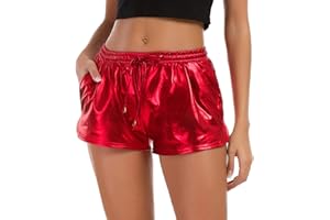 Tandisk Women's Yoga Hot Shorts Shiny Metallic Pants with Elastic Drawstring
