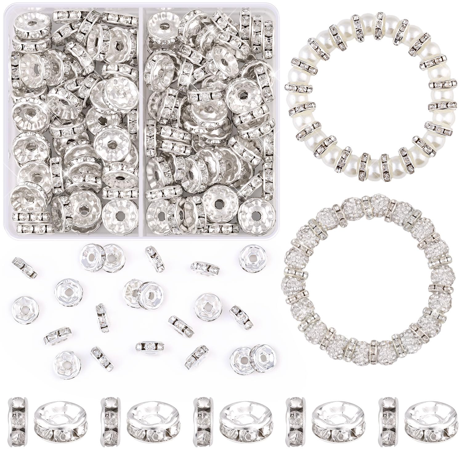 Photo 1 of 100 pcs 10mm Spacer Beads for Crafting, Silver Rondelle Beads Bulk, Fancy Sparkle Crystal Rhinestone Spacer Loose Beads for Necklace Bracelet Earring Jewelry Making and Pens DIY Decoration