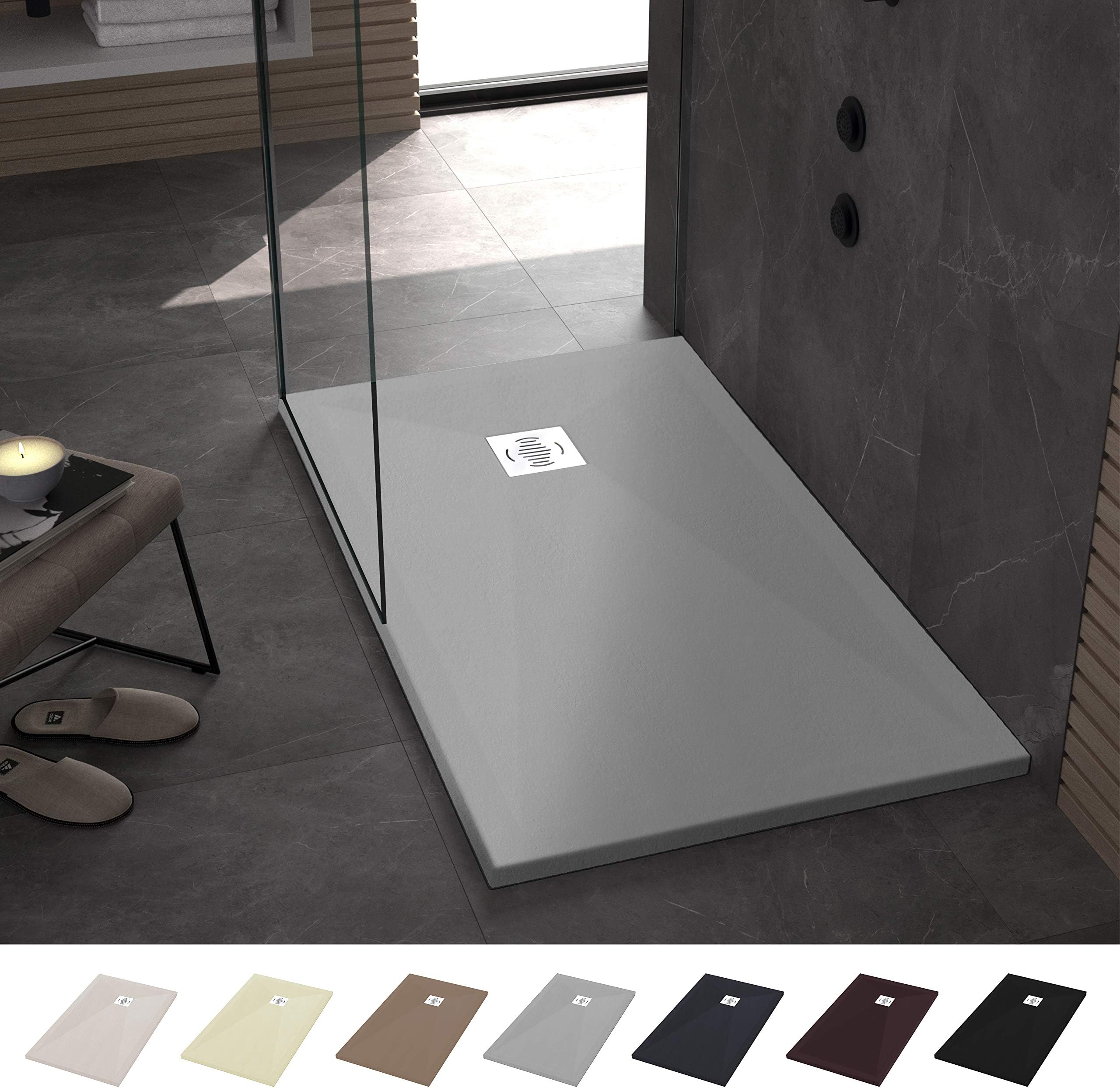 Crocket Stone Resin Shower Enclosure Tray - Shower Base Lightweight, Slate Effect and Anti-Slip - All Sizes Available - Includes Siphon and Grille - Light Grey 7035-800 x 1200