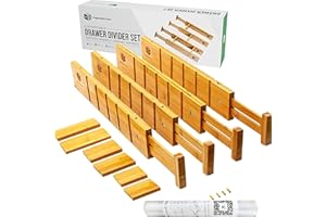 OS ORGANIZATION SPOT *UPGRADED* Kitchen Drawer Dividers w/Inserts and Liner - Adjustable Bamboo Organizers for Drawers - Spring Loaded, Large for Utensils and Deep for Clothes - Tall Wood Draw Divider Separator (Long)
