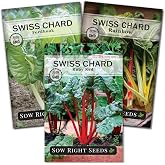Sow Right Seeds - Swiss Chard Seed Collection for Planting Vegetable Garden | With Fordhook, Rainbow, Ruby Red. Plant cold hardy non-GMO heirloom varieties outdoors spring and fall or indoor hydroponics.