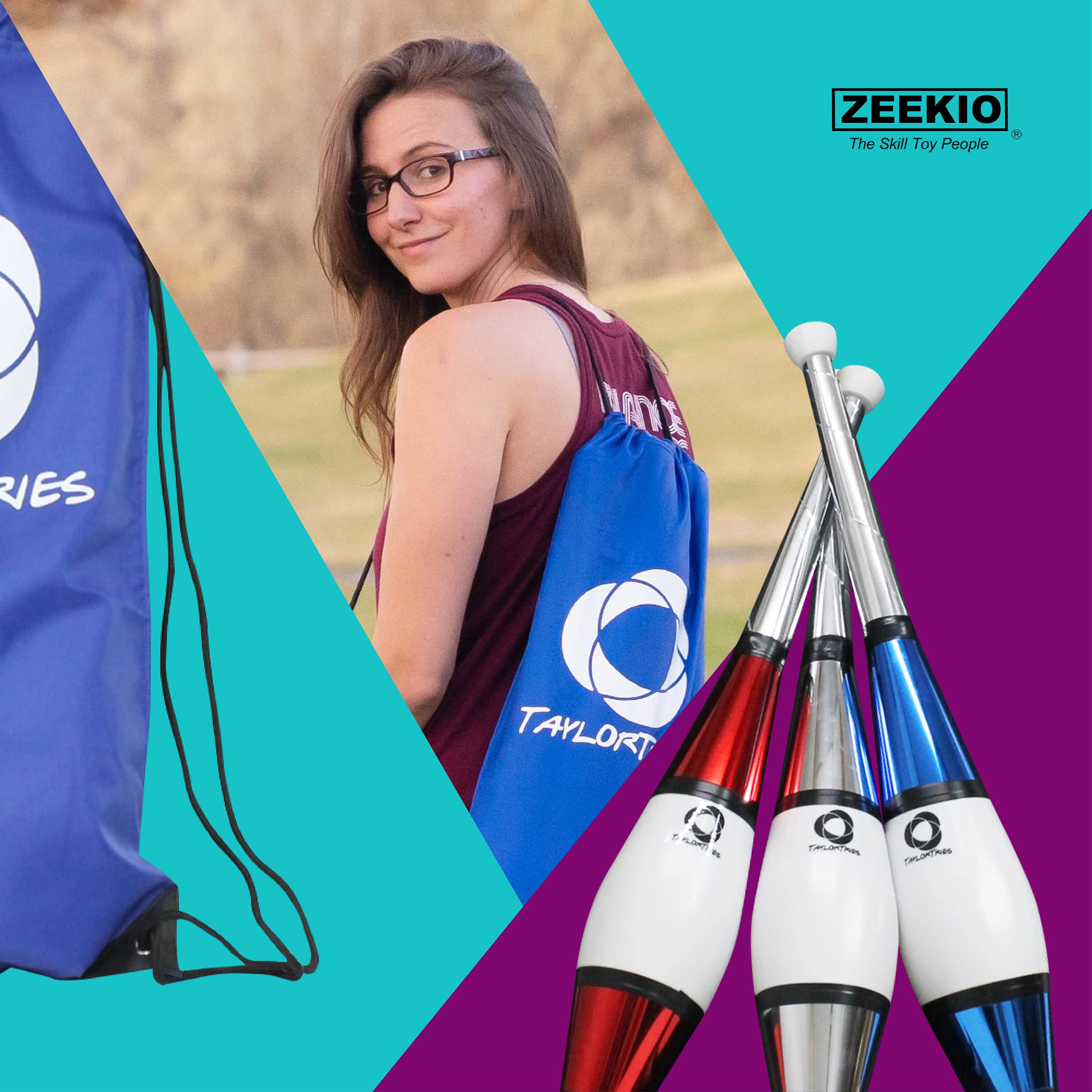 Zeekio Taylor Tries Signature Juggling Club Set with Drawstring Bag (Blue Silver Red)
