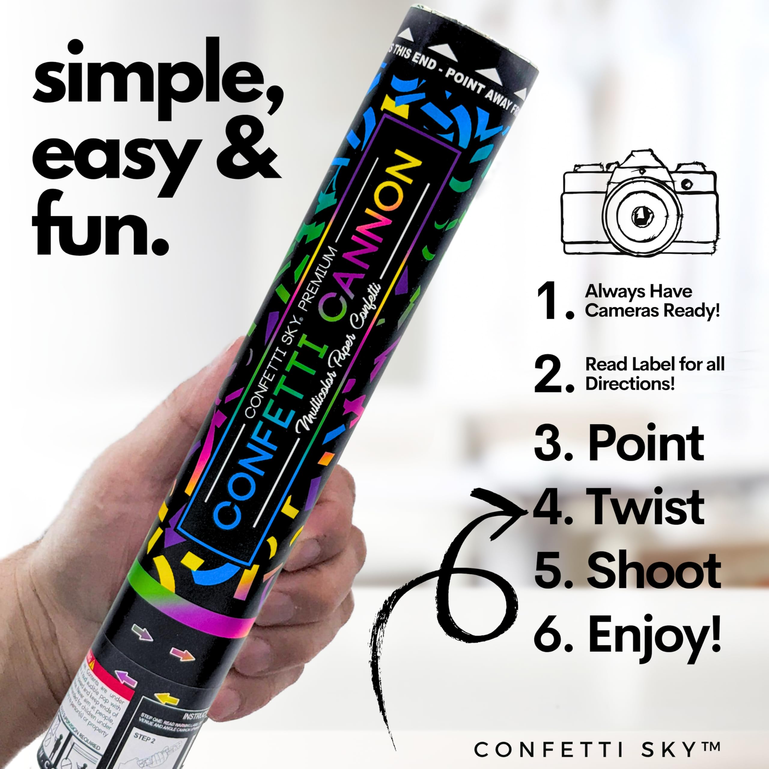 Confetti Sky [6 Pack] 12 Inch Confetti Cannons | Multicolor Confetti Poppers for Wedding Celebration, Birthday Party, Pranks, Graduation, Christmas Eve and New Year Celebration