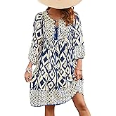 Qearal Women's Casual V Neck 3/4 Sleeve Boho Floral Printed Loose Short Flowy Summer Beach Vacation Dress