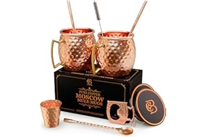 copper-bar Moscow Mule Copper Mugs | Set of 2 Hammered Cups | 100% HANDCRAFTED Pure Solid Copper | Gift Set With Cocktail Straws | Shot Glass | Coasters | Copper Stirrer & Beer opener