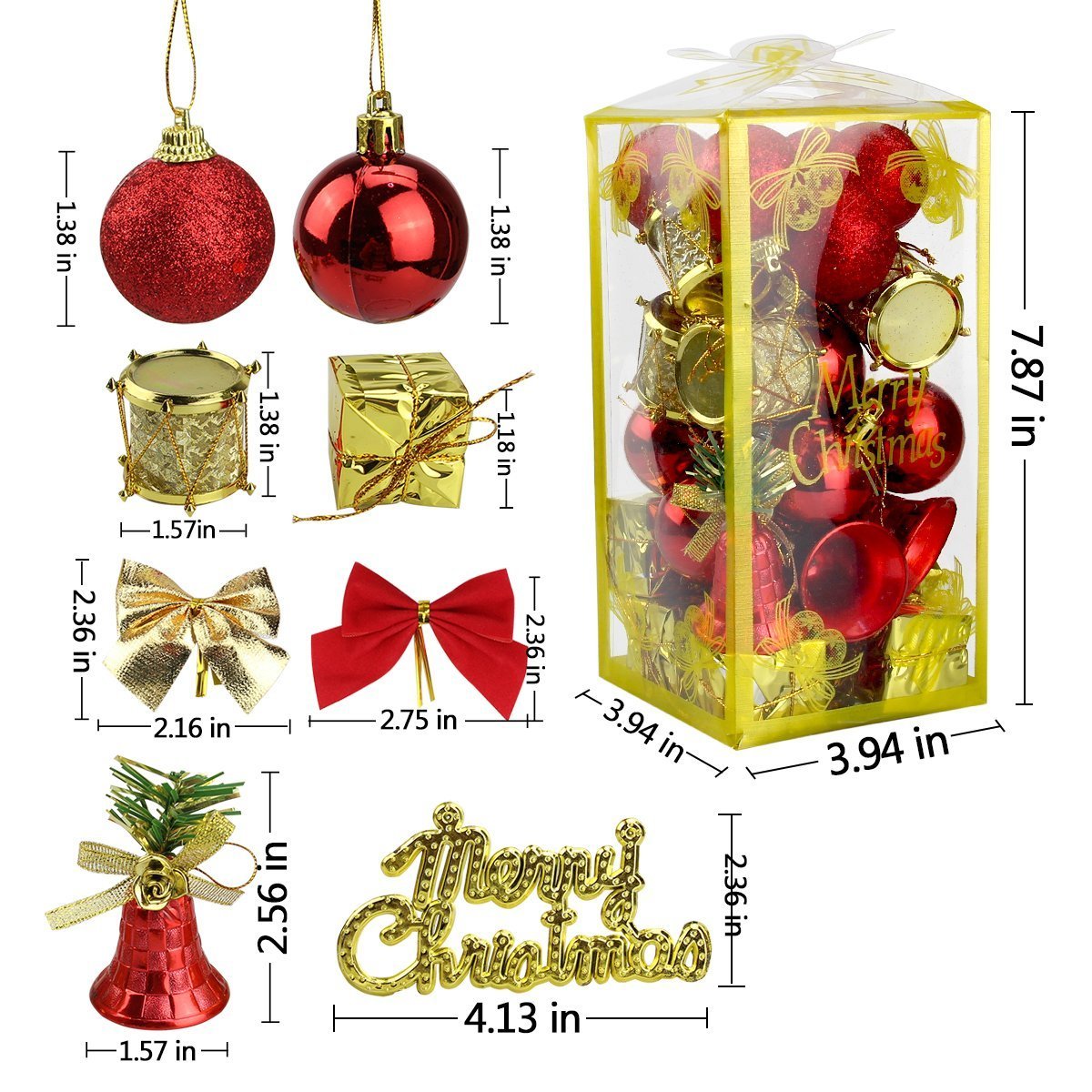 Naisidier Christmas Tree Ornaments Hanging Decoration Pendant Kit Including Christams Balls, Bowknots, Gifts Ornaments, Merry Christmas Letters, Drums and Christams Red Bells (44Pcs)