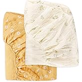 Muslin Crib Sheets 2 Pack for Girl & Boy, HNHUAMING Soft and Breathable Baby Crib Sheet, Neutral Baby Sheets Fitted Standard Crib & Toddler Bed Mattress 52" X 28" (Daisy +Floral)