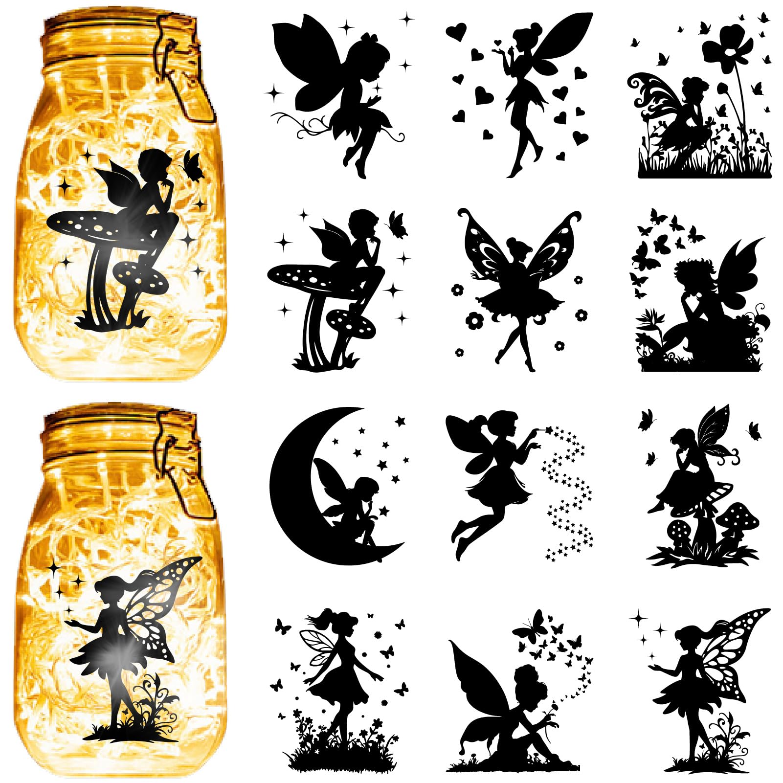 CREATCABIN 12Pcs Fairy Silhouettes Mason Jar Decor PVC Laser Die Cut Scrapbook Fairies Cardboard Cutouts Silhouette Ornament for DIY Light Lamp Jar Glass Decoration Supplies Black 4x3.5Inch-No Sticker
