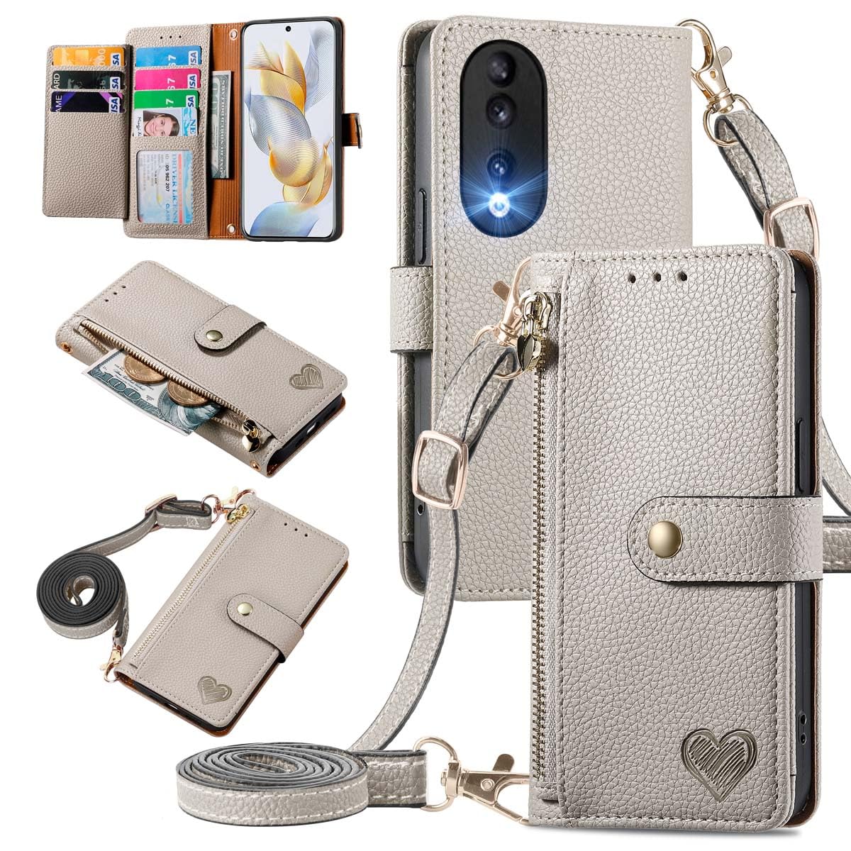 MOJIA Flip Case For Honor 90 5G, Leather Zipper Flip Wallet Case Cover [with Shoulder Belt], Card Holder Multifunctional Anti-fall Phone Shell. Grey — image 1