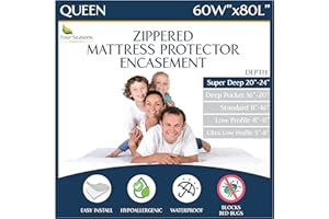 FOUR SEASONS ESSENTIALS Super Deep Pocket Mattress Encasement - Queen - Zippered Bedbug Waterproof Protector for Very Deep Mattresses 20-24 inch Depth