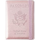 Eoehro Passport and Vaccine Card Holder, Passport Holder Vaccine Card Slot, Passport Wallet, Passport Cover, Passport Case, Passport Holder for Airplane Travel Essentials (E-Elastic band Rose gold)