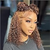 HIRIREMY Curly Bob Wig Human Hair Deep Wave 13x4 HD Lace Front Wigs For Black Women Human Hair Pre Plucked Wear And Go Glueless Short Wet And Wavy Ombre Honey Blonde Highlight Color 4/27 14 Inch