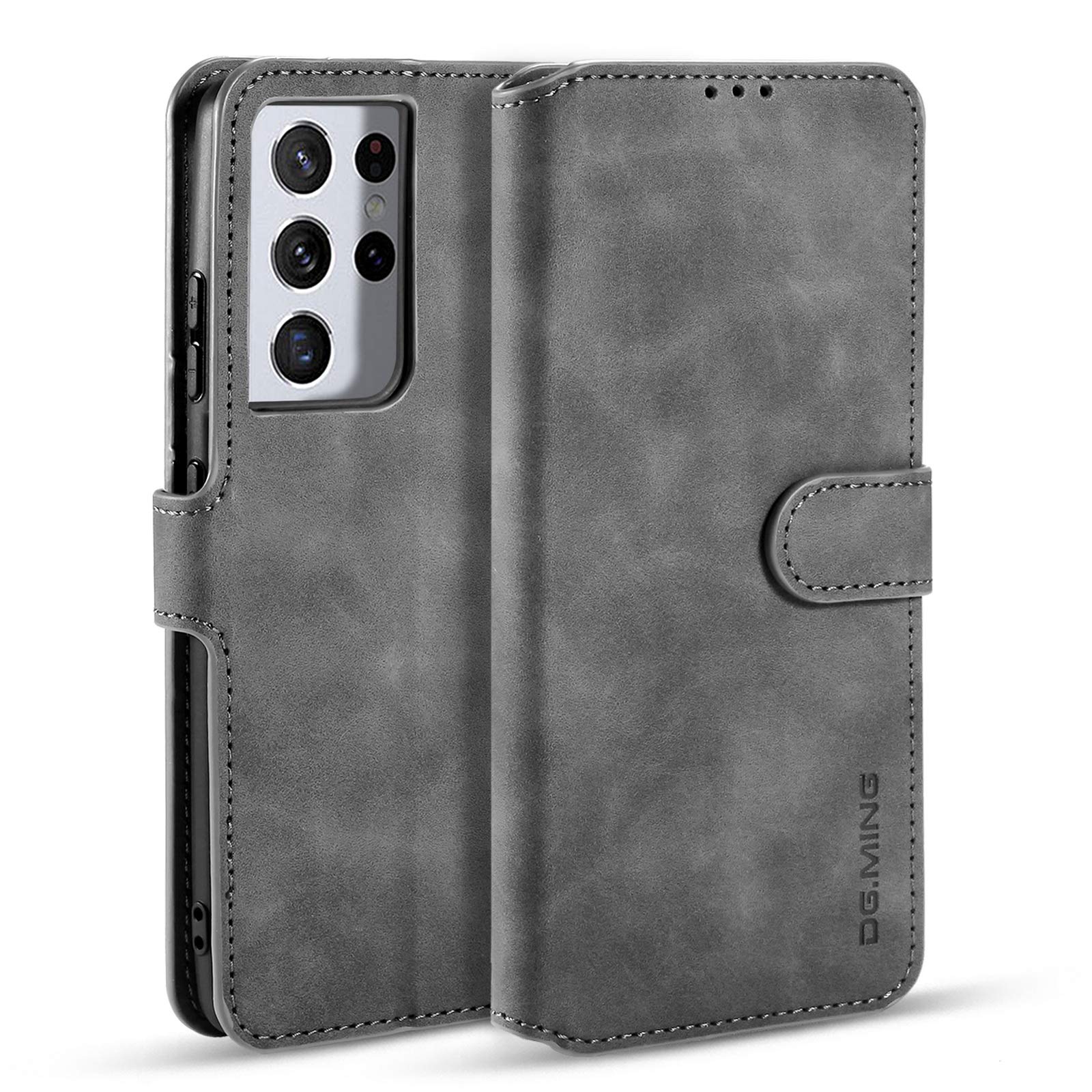 UEEBAI PU Leather Case for Samsung Galaxy S21 Ultra 5G, Vintage Retro Premium Wallet Flip Cover TPU Inner Shell [Card Slots] [Magnetic Closure] Stand Function Folio Shockproof Full Protection - Grey