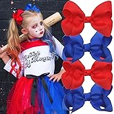 BASEMMAHER 4Pcs Red Blue Ribbon Hair Bows Clips for Girls Independence Day Bow Ties Hairpins Clown Hair Bows Alligator Clips Hair Barrettes Accessories for Kids 4th of July Birthday Party Headpiece