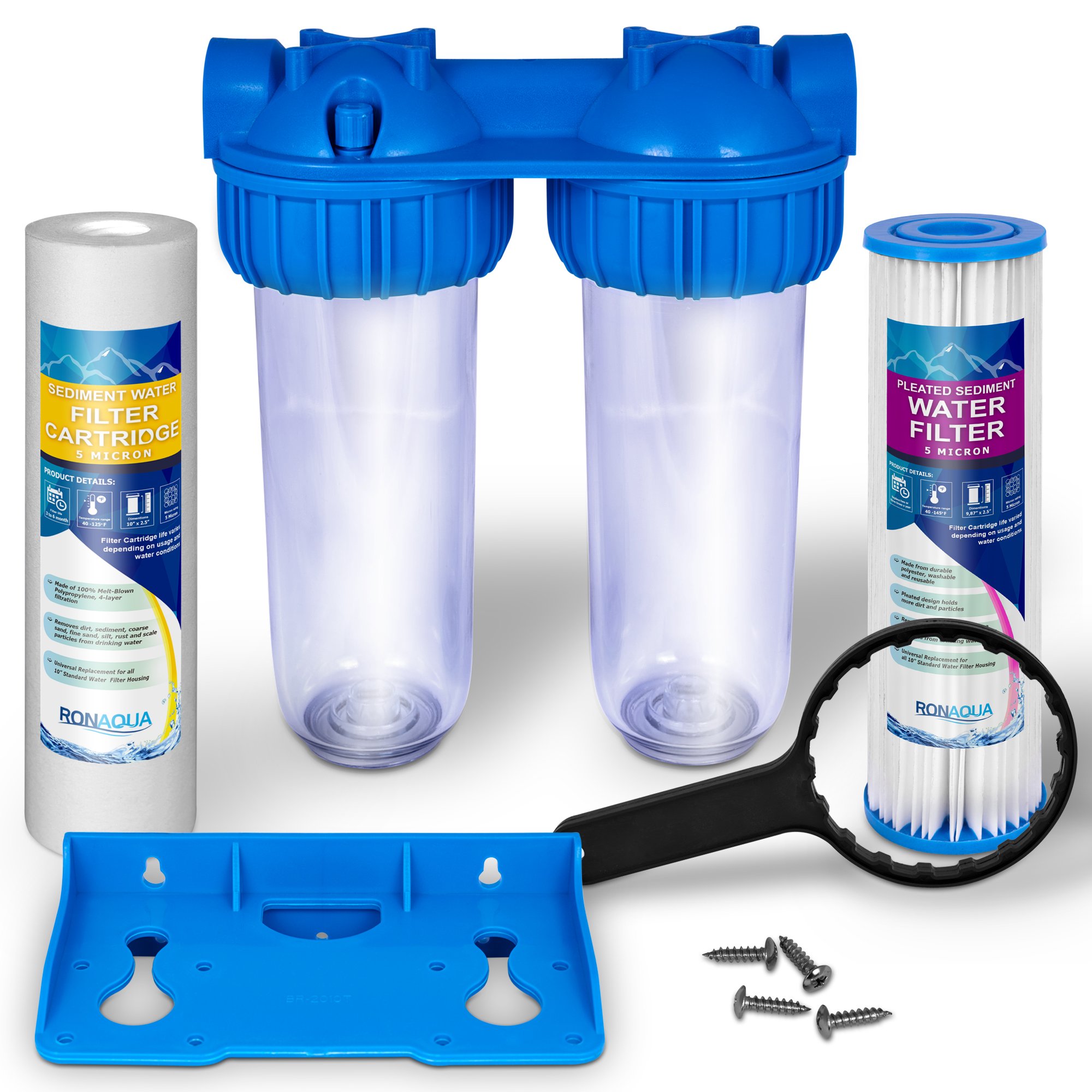 Photo 1 of Dual Whole House Water Filter System, Transparent Standard Housings, Presser Relief Button, 3/4” Inlet/Outlet Brass Port, Meets NSF Standards & Regulations (5 Mic Pleated & Standard Sediment Filters)