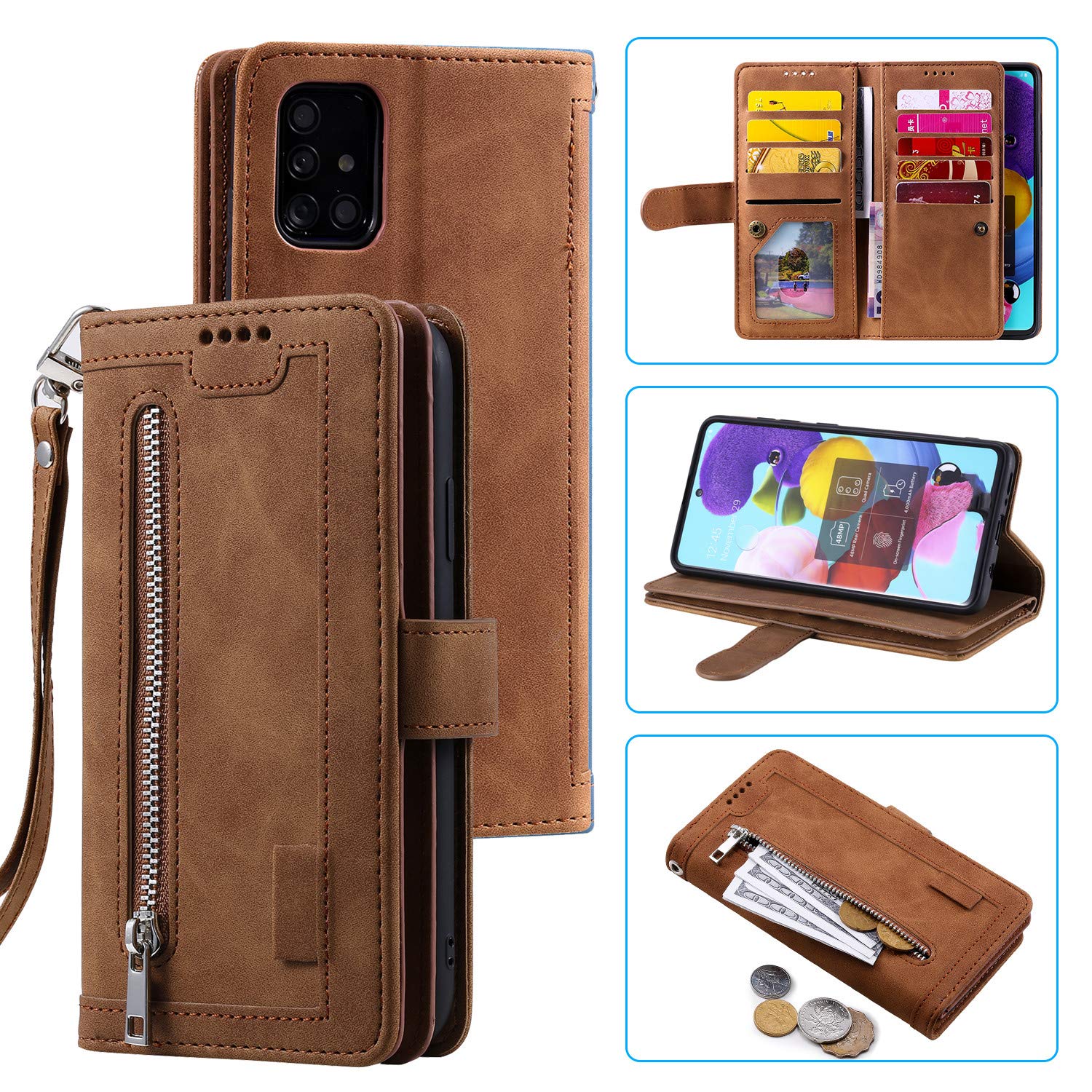 EYZUTAK Wallet Phone Case for Samsung Galaxy A71 (4G), Retro Matte 9 Card Holder Slots Zipper Pocket Case PU Leather Magnetic Closure Kickstand with Wrist Strap Shockproof Folio Flip Case - Brown