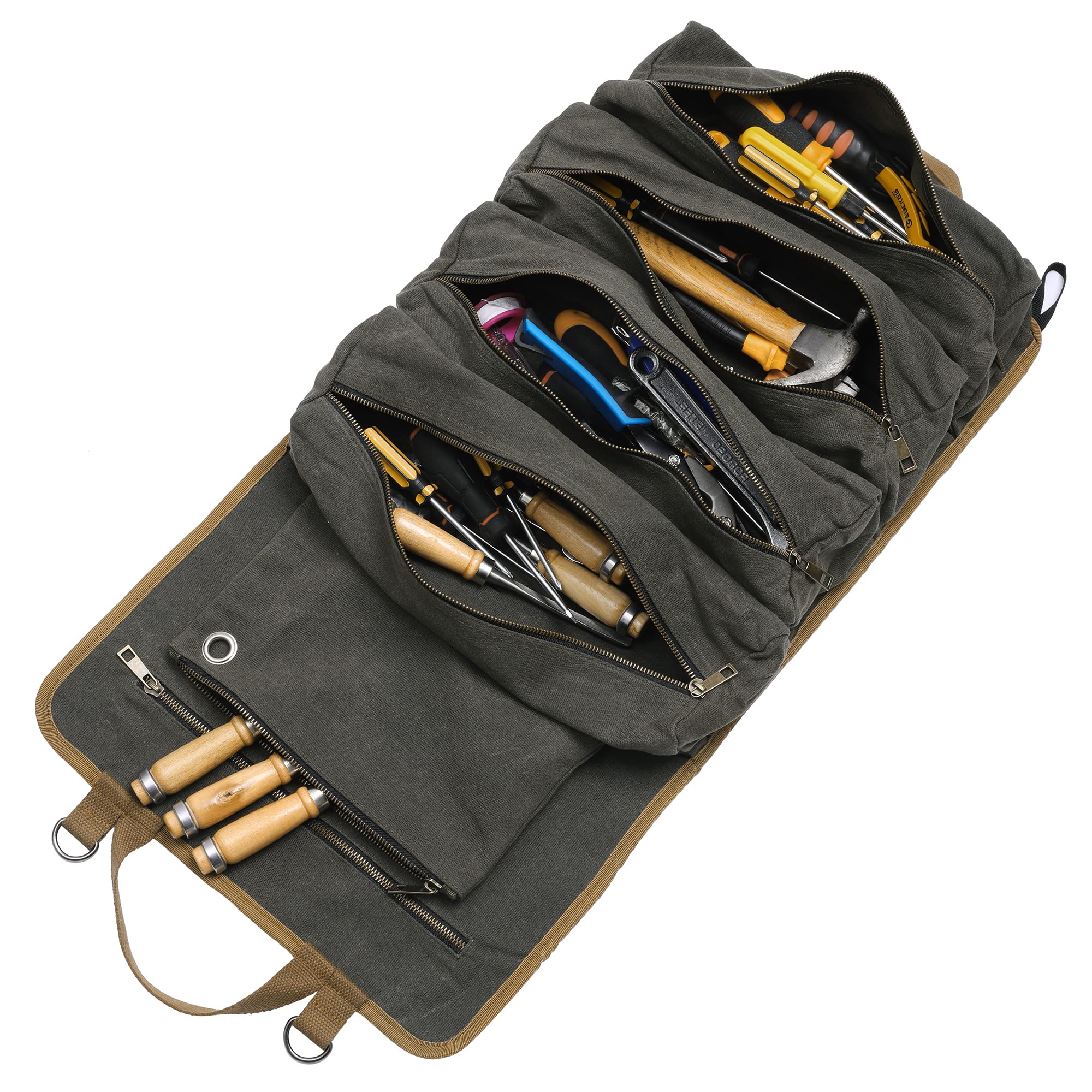 Tool Roll Bag | 16OZ Waxed Canvas Tool Roll with 5 Pockets + 1 Removable Zipper Pocket, Multi-Purpose Tool Bag for Electrician Mechanic | Army Green
