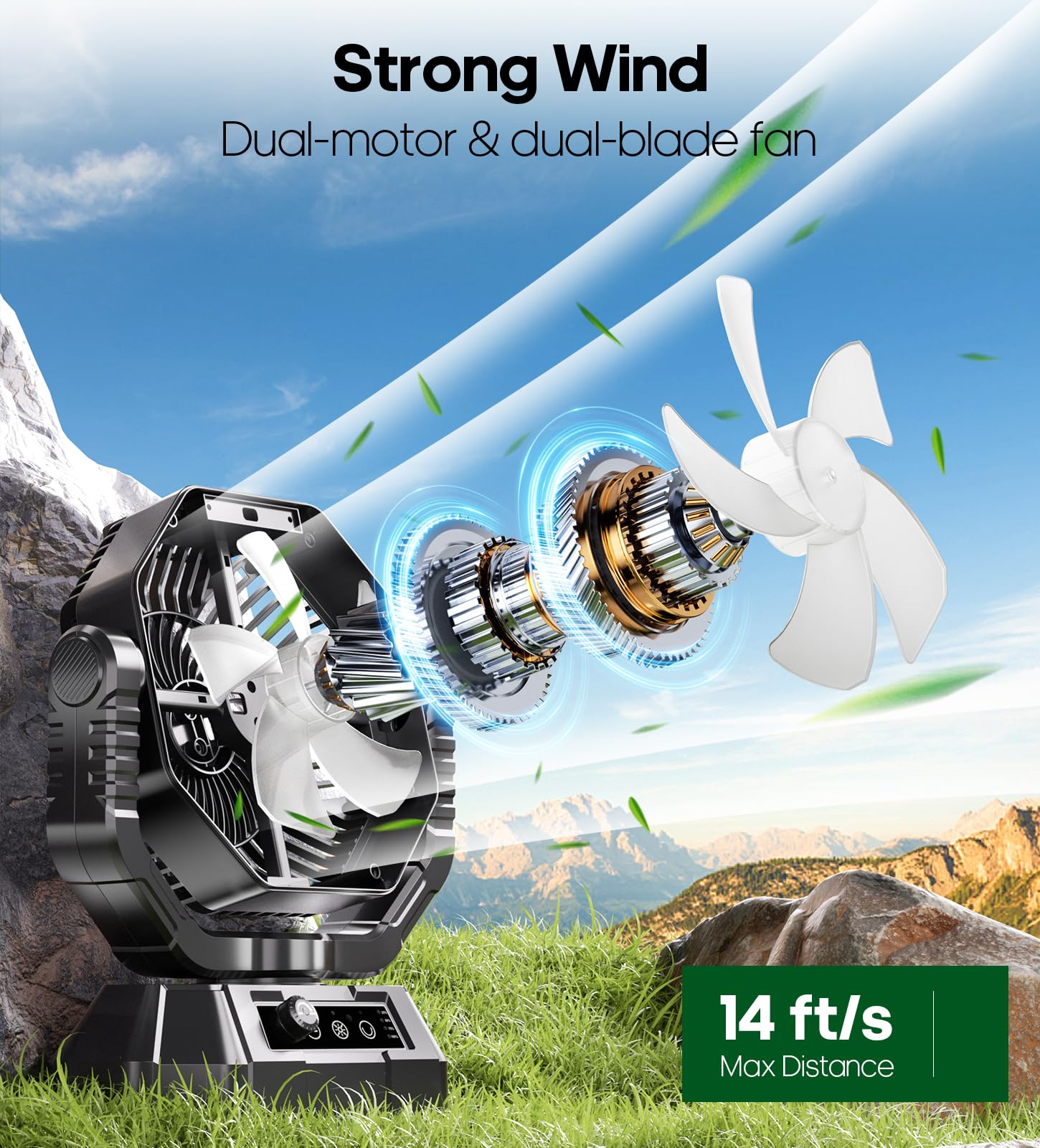 HAWANA Portable Fan Rechargeable，20000mAh Camping Fan with 360° Airflow, Battery Powered Ventilador Recargable with Stepless Wind Speeds, 3 Timing, Hanging Hook for Camping, Tents, BBQ, Fishing-Black