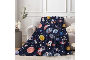 LINGQIANG Outer Space Theme Throw Blanket for Kids, 50 x 60 Inch Blue Space Astronaut Rocket Fuzzy Plush Blanket for Boys Gift, Soft Galaxy Planet Spaceship Flannel Blanket for Children Teen Bed Couch Decor