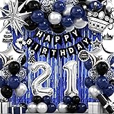 21st Birthday Decorations for Men and Women, Black Blue Silver Happy Birthday Number 21 Balloons, Banner, Fringe Curtains Garland Kit - 21 Year Old Party Supplies