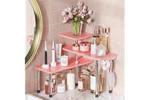 ZHWS Bathroom Counter Organizer Corner Shelf – Bathroom Organization Bamboo 3 Tier Spice Rack Makeup Organizer Bookshelf Space Saving Rack Kitchen Office Living Room (Pink)