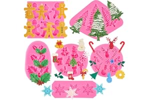 JOERSH 6 Pcs/Set Christmas Silicone Fondant Cake Silicone Mold, Christmas Tree, Holly Leaves, Snowflake, Gingerbread Man Chocolate Candy Molds for Winter Party Cake Treat Cupcake Topper Decor
