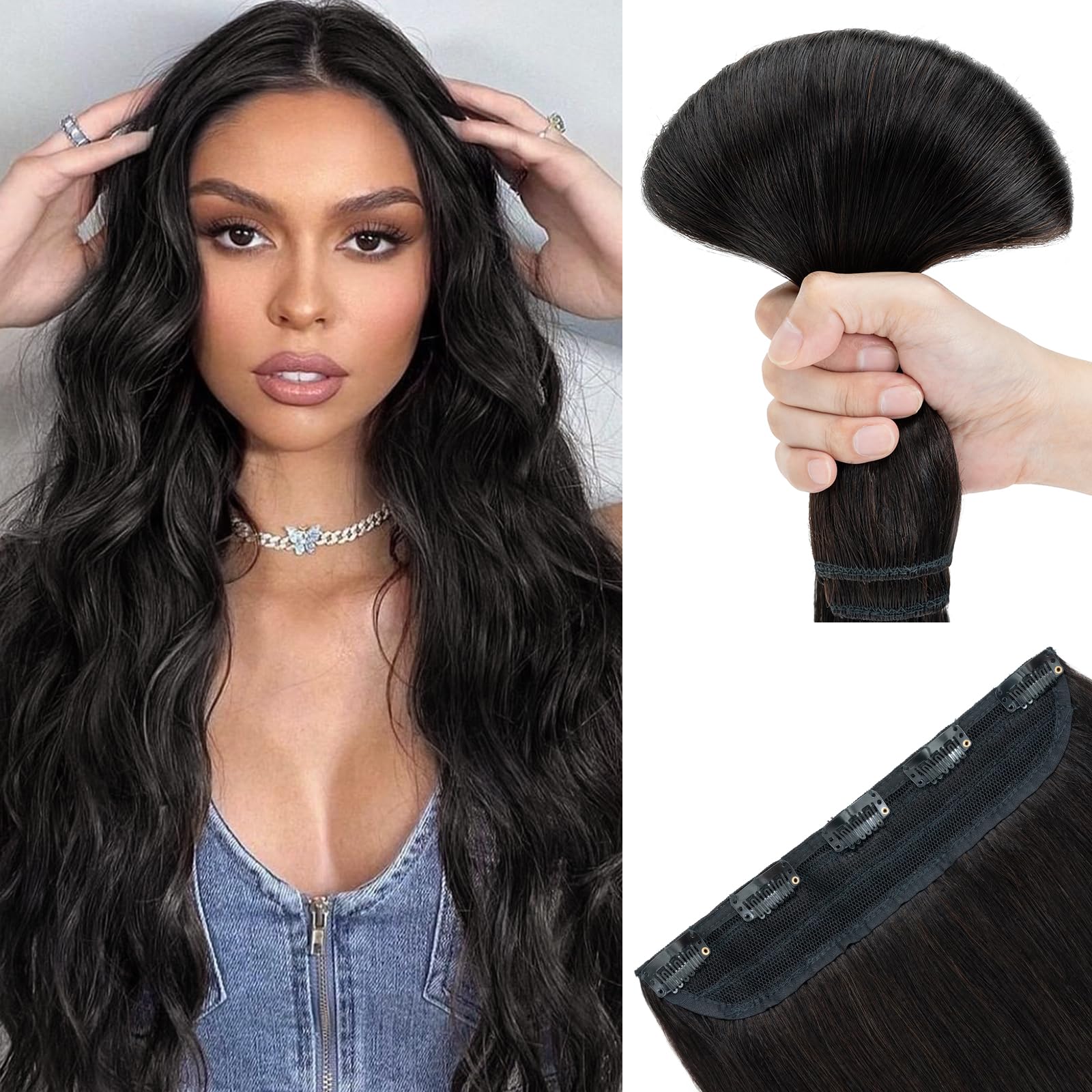 SEGOHAIR Hair Extensions Clip in Human Hair Extensions, 22" One Piece 5 Clips Thick Clip in Hair Extension - 3/4 Full Head -off Black