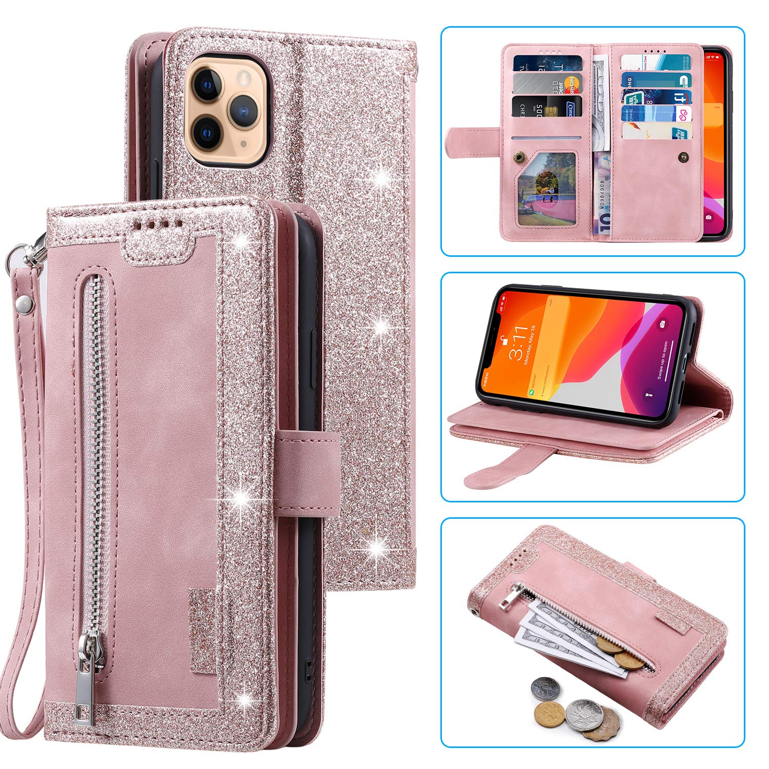 UEEBAI Wallet Case for iPhone 13 Pro 6.1 inch, Retro 9 Card Holder Slots Zipper Pocket Handbag Case PU Leather Magnetic Closure Kickstand with Wrist Strap TPU Shockproof folio Case - Rose Gold