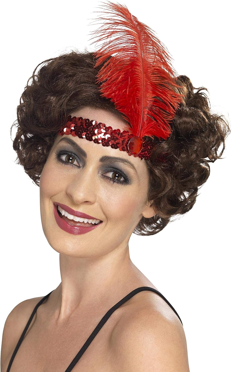 Smiffys Flapper Headband, Red with Feather, 1920's Razzle Fancy Dress, Adult Dress Up Accessories