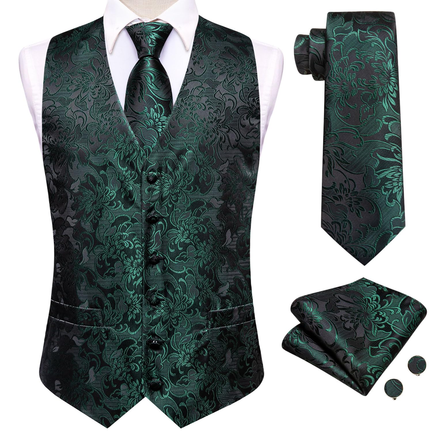 Dubulle Black Green Suit Vest Tie Set Mens Paisley